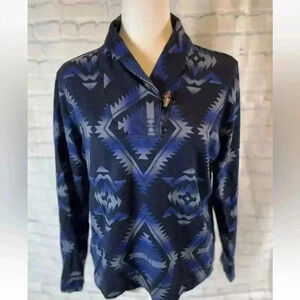 Women Chaps Denim supply By RL Petite Large‎ Top Blue Black Aztec Moc Neck shirt